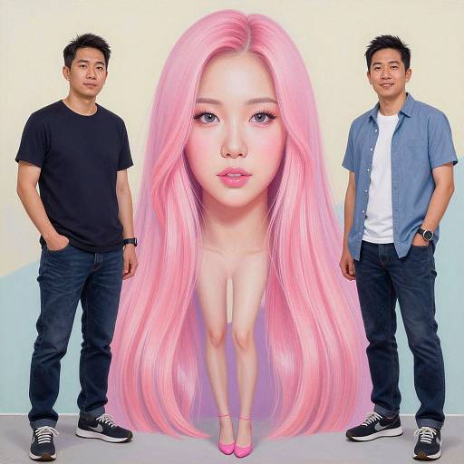 Digital composite: two Asian men in casual clothing flanking a large, front-facing, pink-haired anime-style woman with fair skin.