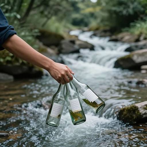 Photograph of a hand holding three glass bottles over a flowing forest stream, with greenery and rocks in the background.