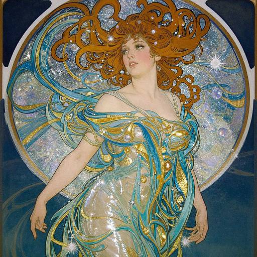 Gorgeous, ethereal painting of a fair-skinned woman with flowing red hair, wearing a shimmering, blue and gold dress, set against a