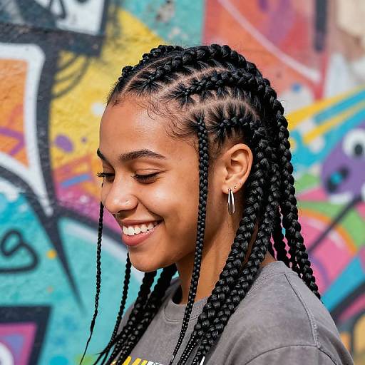 Photograph of a smiling Black woman with long, neat braids, wearing a gray shirt, and silver hoop earrings, against a colorful graffiti wall.