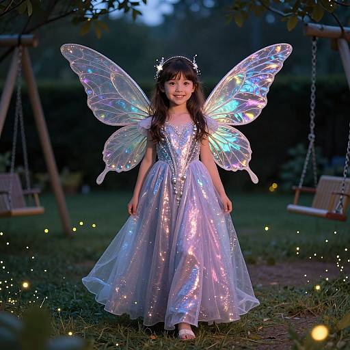 Photograph of a young girl in a sparkling silver fairy dress and iridescent wings, standing in a darkening garden with twinkling lights and swings