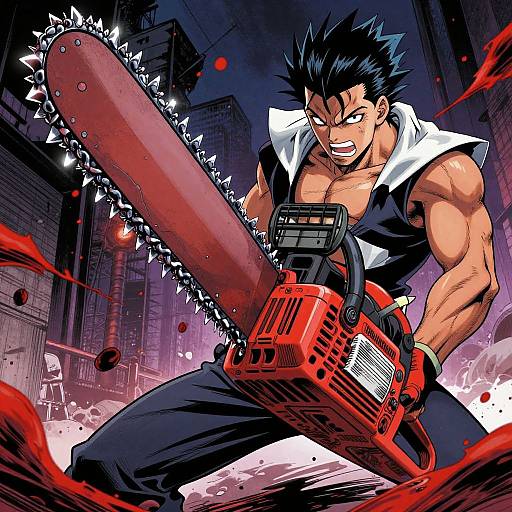 Muscular anime man with black spiky hair, wearing a black and white jacket, wields a red chainsaw with spiked chain in a dark,