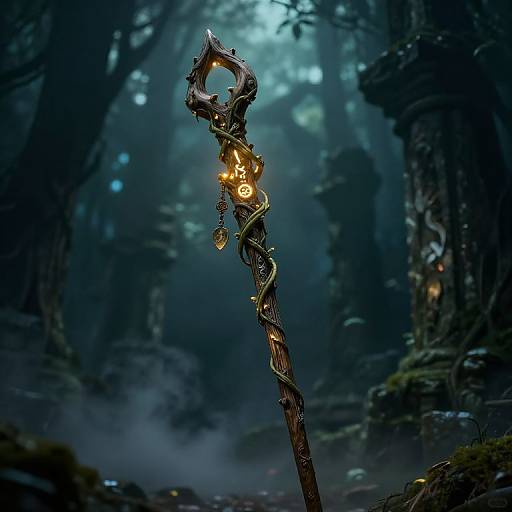 Mystical forest scene with a glowing, ornate, twisted staff featuring golden runes and a circular top, illuminated by moonlight.