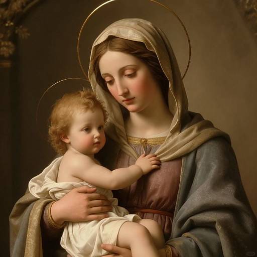 Photorealistic digital painting of a serene Madonna holding a baby Jesus, both with golden halos, in soft, warm, brown tones.