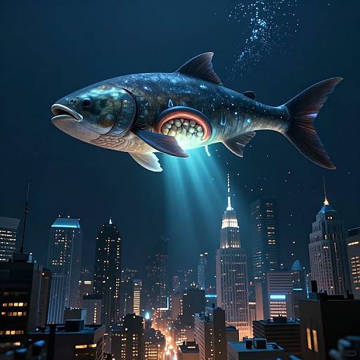 Digital artwork of a glowing, mechanical fish with a circular engine, flying over a dark, illuminated cityscape at night.