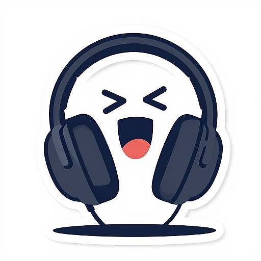 Cute digital illustration of a white circular character with black headphones, eyes closed, mouth open, and red tongue, expressing excitement or joy.