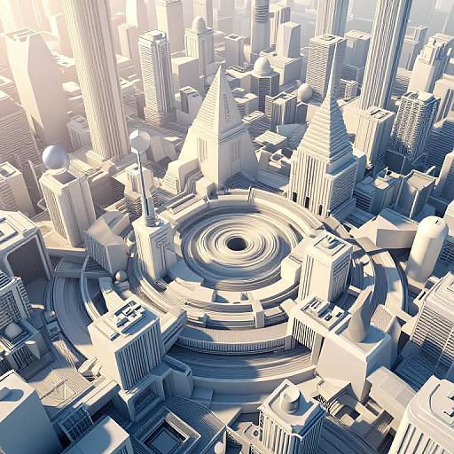 Digital illustration of a futuristic cityscape with a central circular structure surrounded by tall, illuminated skyscrapers, casting sharp shadows and using a monochromatic