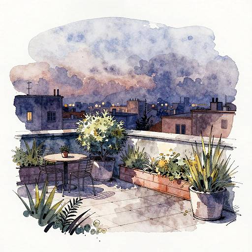 Watercolor Rooftop Terrace Garden at Twilight