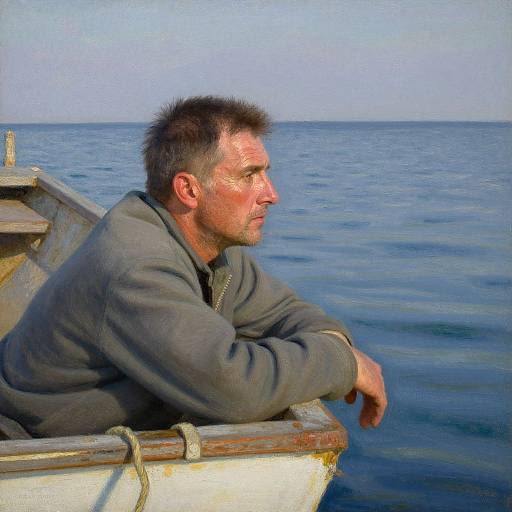 Photograph of a middle-aged man with short, dark hair, wearing a gray jacket, sitting in a small white boat on calm blue ocean water,