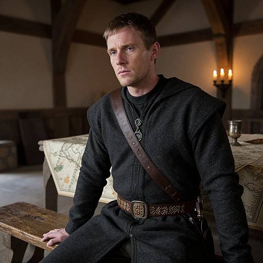 Photograph of a serious, young Caucasian man with short brown hair in a medieval-style black woolen tunic and brown leather belt, sitting in a