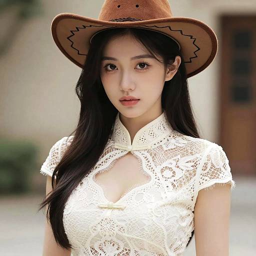Young Woman in White Lace Cheongsam and Cowboy Hat