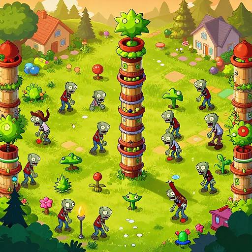 Vibrant digital cartoon of quirky, green-skinned creatures playing on colorful, tower-shaped platforms in a sunlit, flower-filled garden with houses.
