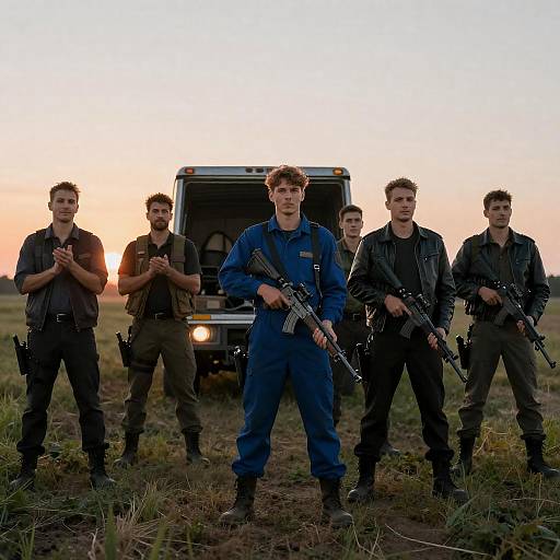 Men Armed in Sunset Rural Field