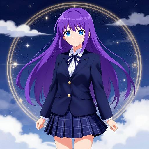 Anime Schoolgirl with Celestial Background