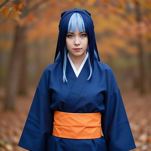 Photorealistic image of an Asian woman with black and white hair, wearing a black kimono with an orange obi, standing in a autumn forest