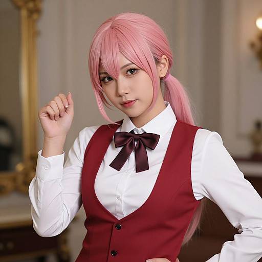 Photograph of an Asian woman with pink hair in a ponytail, wearing a white shirt with a black bowtie and red vest, standing in an