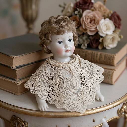 Vintage porcelain doll with curly brown hair, lace shawl, sits on stack of old books, beside floral arrangement, on ornate table.