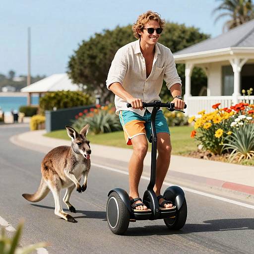 Man Riding Electric Unicycle with Wallaby on Coastal Road