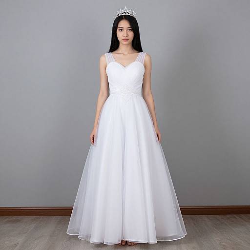 Photograph of an East Asian woman with long black hair, wearing a white sleeveless wedding dress and silver tiara, standing against a plain gray wall