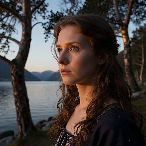 Photograph of a young woman with wavy brown hair, blue eyes, and fair skin, standing by a lakeside during sunset, surrounded by trees