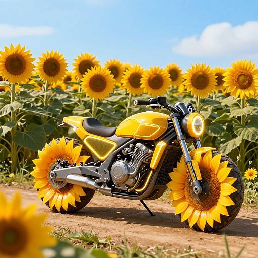 Photograph of a yellow motorcycle with sunflower-themed front and rear tires, parked in a sunflower field under a bright blue sky.