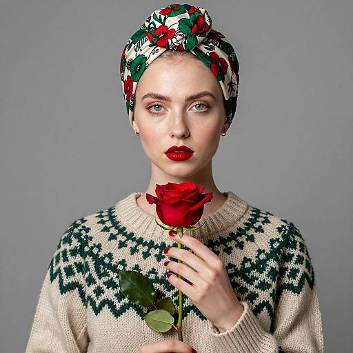 Pale Woman with Green Eyes and Rose