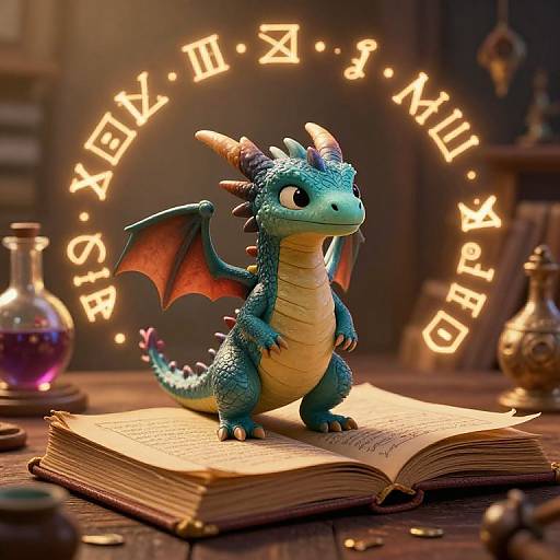 Photorealistic CGI of a cute, blue-green dragon with orange wings and horns, standing on an open book, surrounded by glowing 