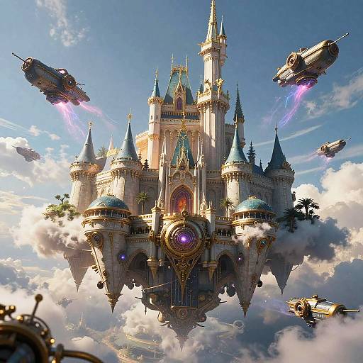 Digital fantasy artwork of a floating, ornate, fairy-tale castle with blue spires, surrounded by flying airships, under a bright blue sky