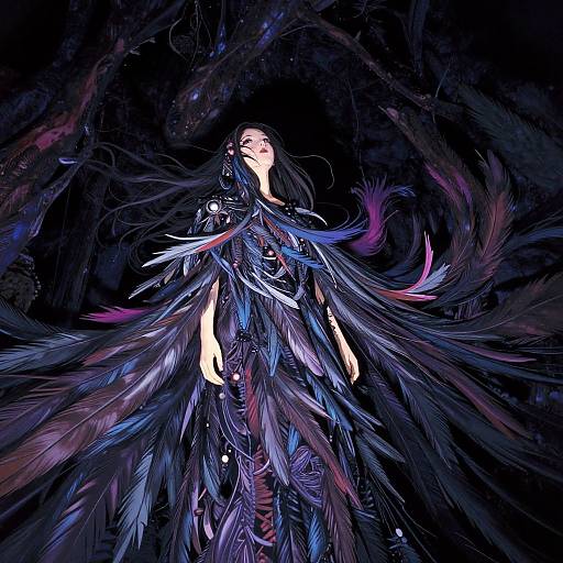 Digital artwork of a pale-skinned woman with long dark hair, adorned in a fantastical, feathered dress with blue, purple, and pink hues