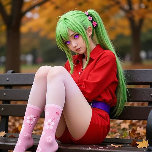 Digital anime-style artwork of a green-haired girl with purple eyes, wearing a red hoodie, red shorts, and pink floral socks, sitting on a black