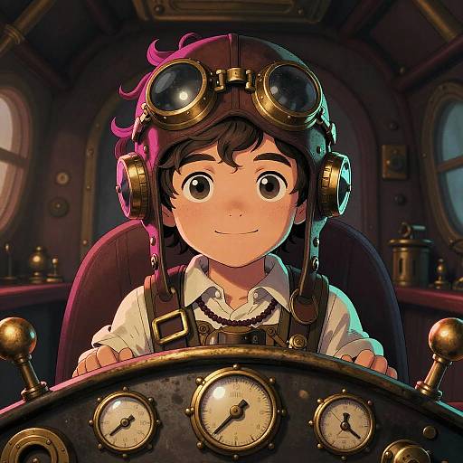 Digital anime-style illustration of a young boy with dark hair, goggles, and headphones, smiling while steering an antique, clock-faced ship's wheel in a