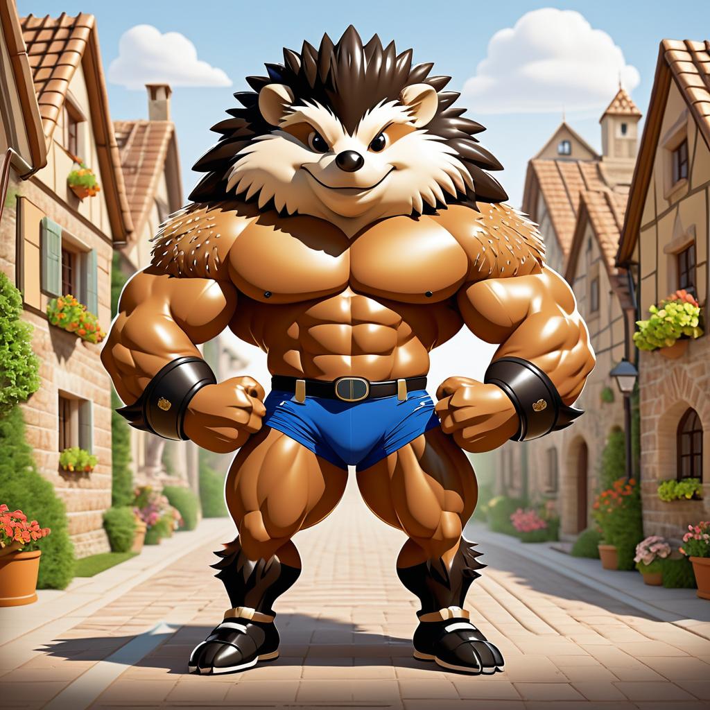 Buffed Hedgehog in Quaint Village Scene