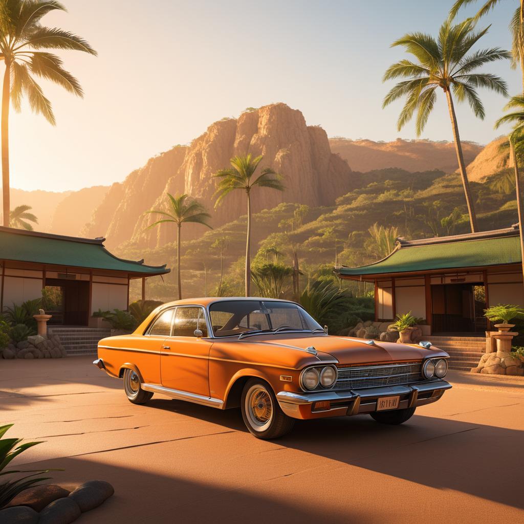 Cinematic Portrait of Vintage Car at Temple