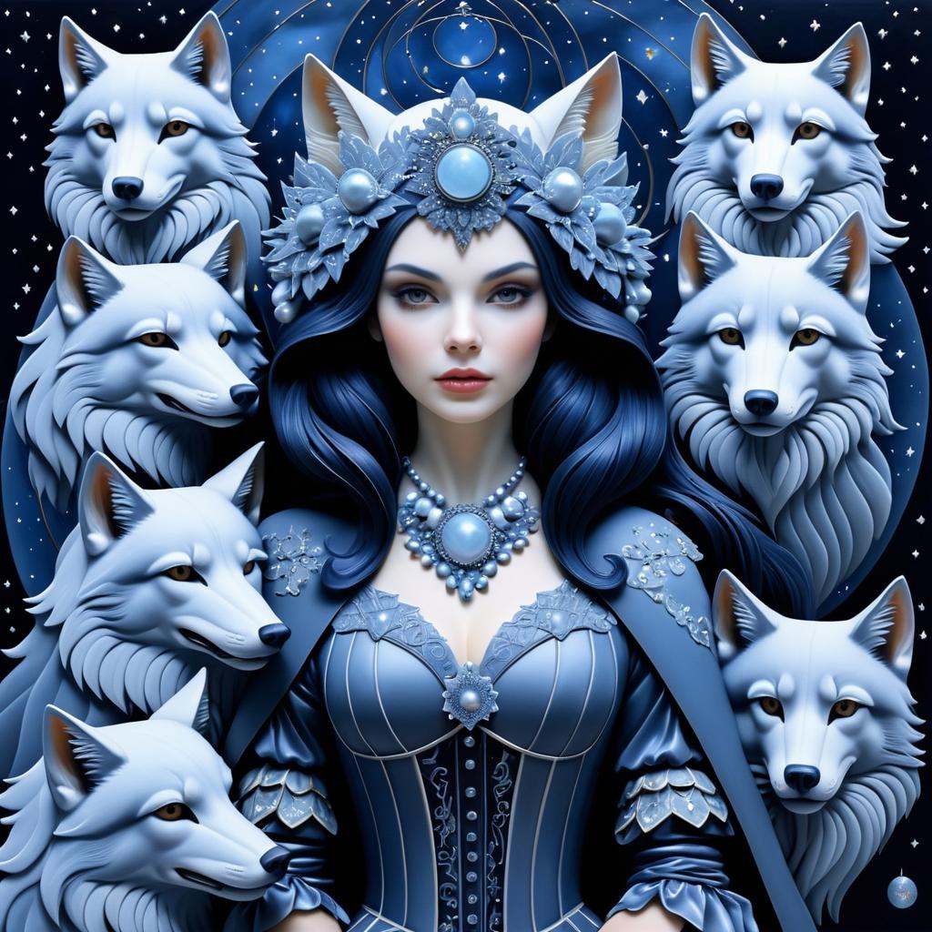 Night Girl with Wolves in Pearlescent Style