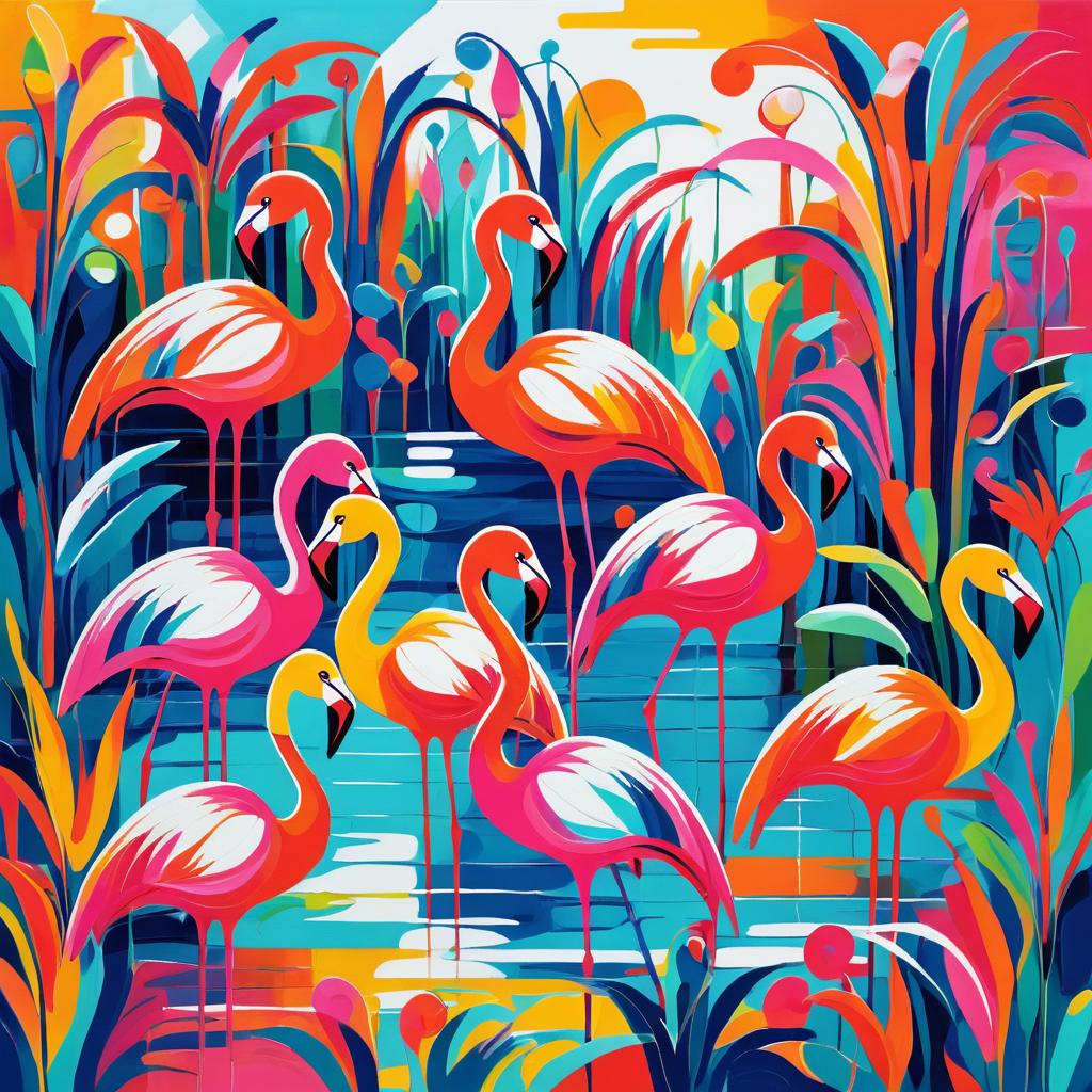 Vibrant Picasso-Style Flamingo Garden Scene