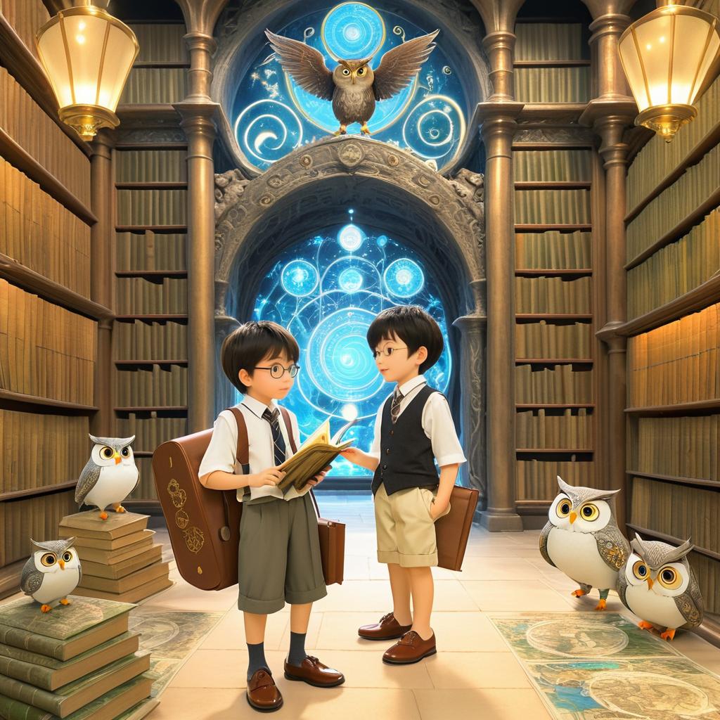 Whimsical Boy and Wise Owl in Library