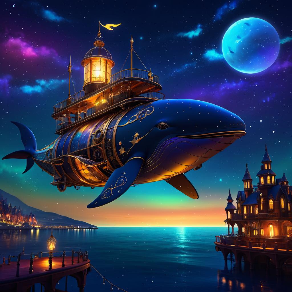 Steampunk Nightscape with Flying Whale