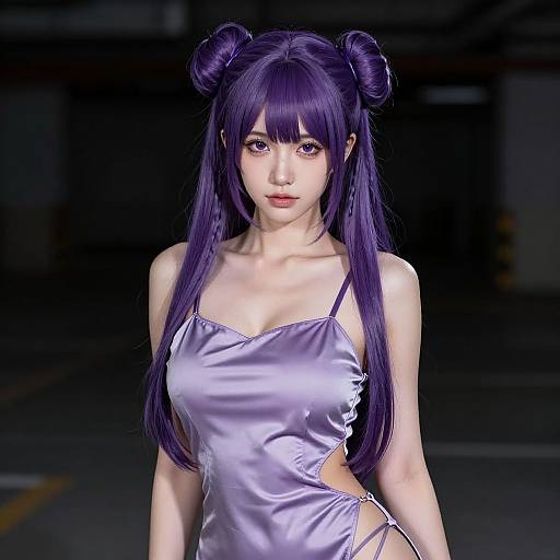 Digital anime-style drawing of a purple-haired woman with double buns, wearing a silky, cut-out lavender dress, standing in a dimly lit parking