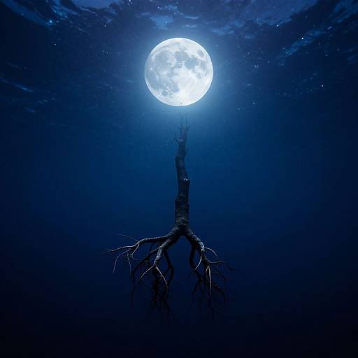 Photograph of a submerged, leafless tree with exposed roots, illuminated by a bright full moon in a deep blue underwater night sky.