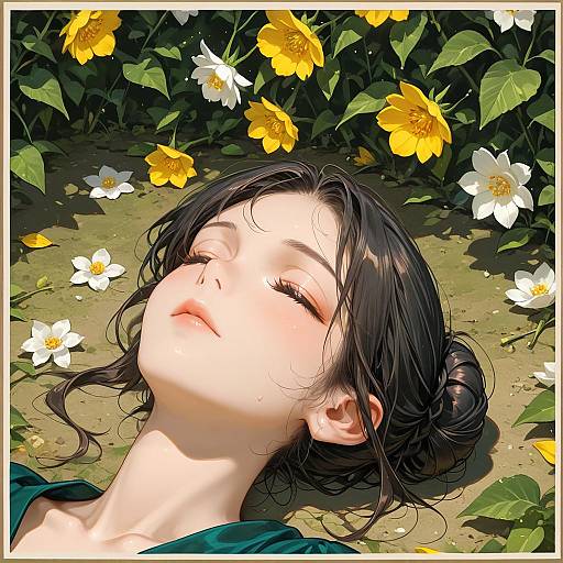 Young Woman Lying Among Flowers
