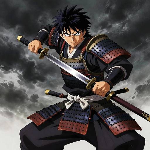 Dynamic anime-style illustration of a fierce, black-haired samurai with intense blue eyes, holding two swords, wearing detailed armor, against a stormy,