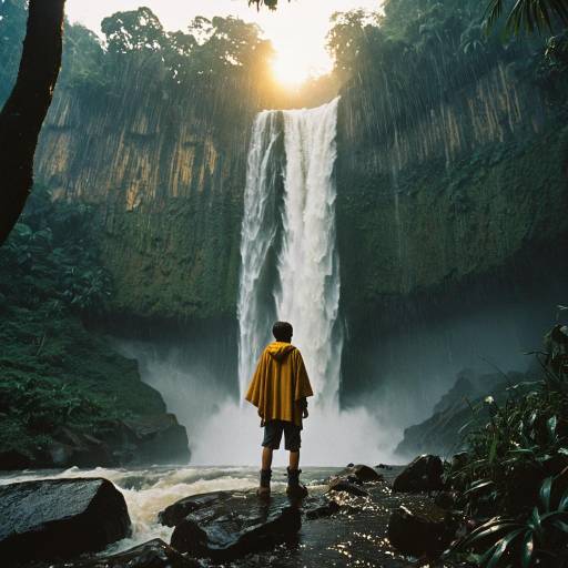Teen Boy Watching Waterfall in Misty Jungle