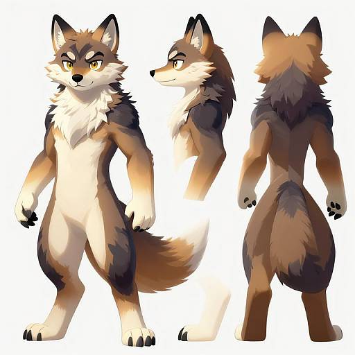 Digital drawing of a muscular anthropomorphic wolf with brown, black, and white fur, shown front, side, and back views. Expressive yellow eyes