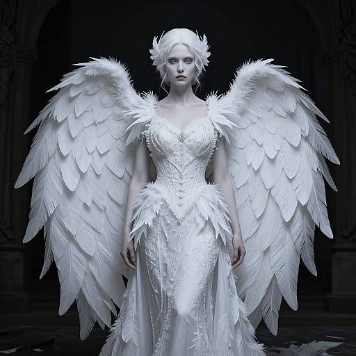 Digital art of a pale-skinned, ethereal angelic woman with large, white feathered wings and a detailed white dress, standing in a dark