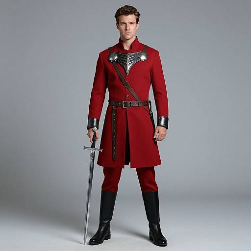 Photograph of a man in a red medieval-style coat with black leather accents, holding a sword, standing against a gray background.