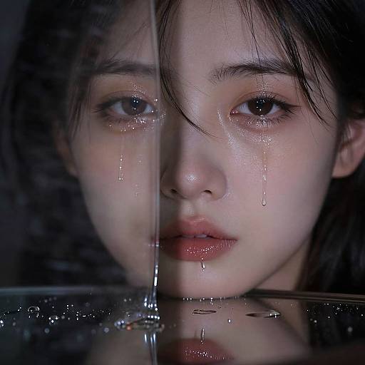Photograph of a young Asian woman with tear-streaked face, wet hair, and reflective water surface, capturing emotional intensity.