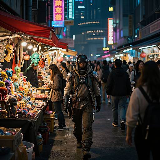 Photograph of a bustling nighttime street market, brightly lit with neon signs, featuring a masked, armored figure walking among shoppers. Vibrant stalls display colorful