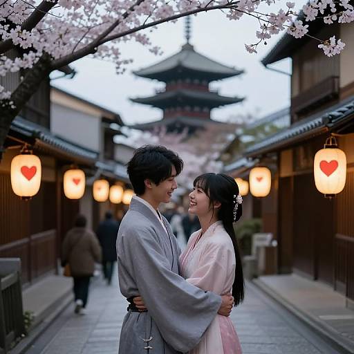 Romantic Embrace in Lantern-lit Kyoto