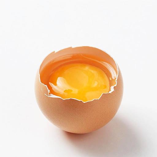 Photograph of a brown eggshell with a cracked top, revealing a bright yellow, glossy egg yolk inside, on a white background.