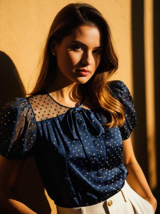 Woman in Navy Blue Satin Blouse and White High Waist Pants
